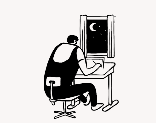 Ilustrasi kerja malam menghadap jendela berbulan